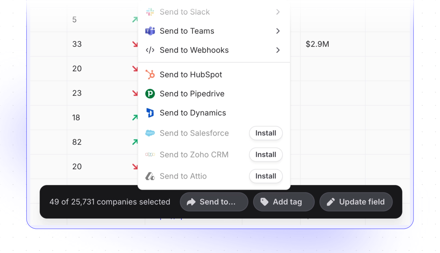 Screenshot: bulk actions on a multi-selected list